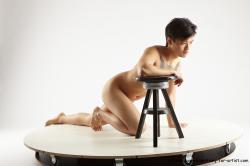 Nude Man Asian Kneeling poses - ALL Slim Short Kneeling poses - on one knee Black Realistic